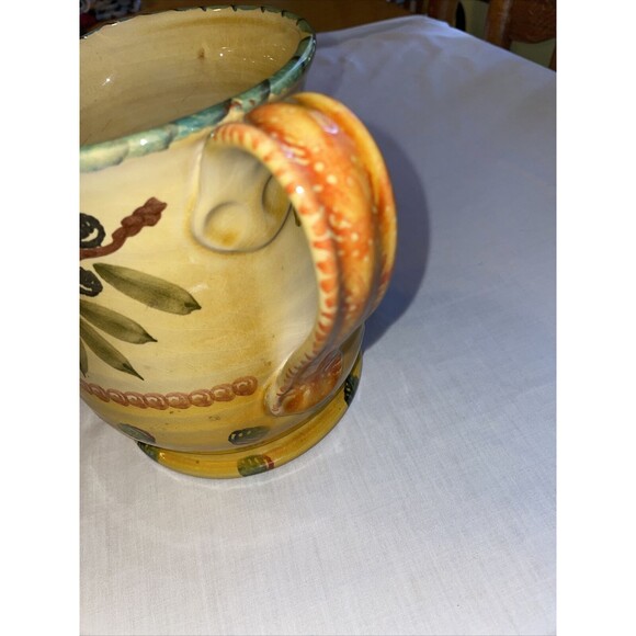 Italica ARS Pottery Pitcher 7” Tall 5” Wide Yellow Beige Olive Branch Handle - Picture 8 of 12